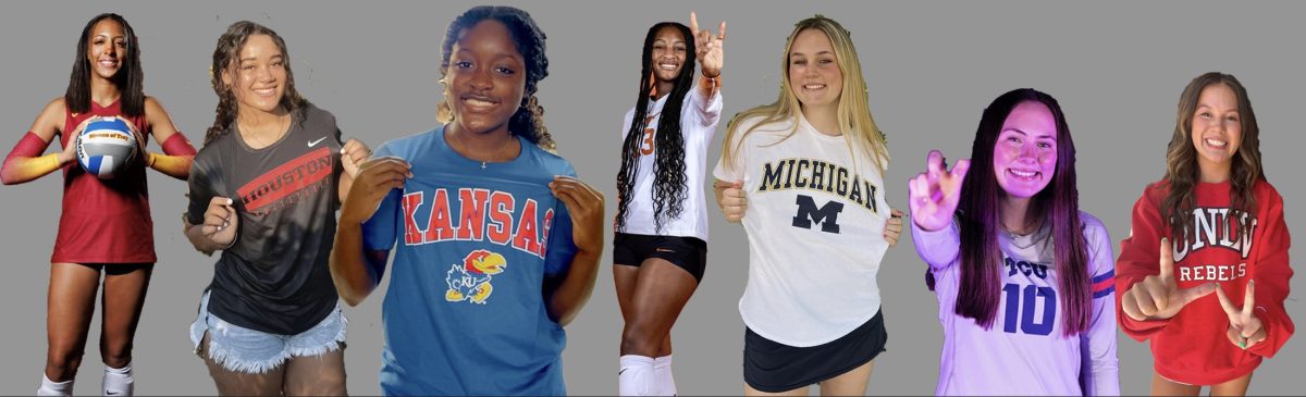 The seven Lady Lions who have committed to Division 1 schools pose in their future schools gear.