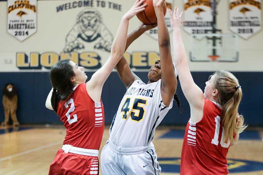 Freshman Morgan Hervey fights for the shot before being fouled by the Ursuline defense. The Lions defeated Ursuline, 78-23.