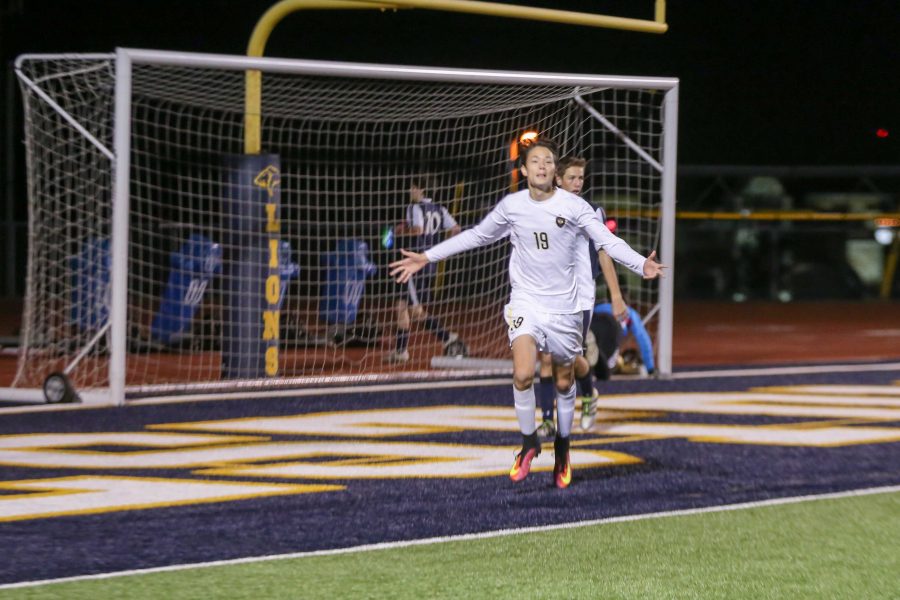 Leading scorer Senior Micah Scheuermann celebrates a goal against Coram Deo.