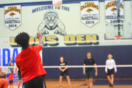 Junior Miles Hunt hits a massive serve across the net towards the Sophomore team in Round 2 of the Powder Buff tournament. Miles said, “I loved coming together with guys I normally wouldn’t get to hang with and represent the Junior class together.”