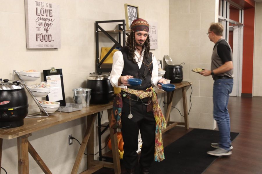 Freshman and Sophomore geometry teacher Mr. Cunningham dressed up as Captain Jack Sparrow from  The Pirates of the Caribbean. Showing the kids how it's done, Mr. Cunningham really went off with this eyeliner and dreads.