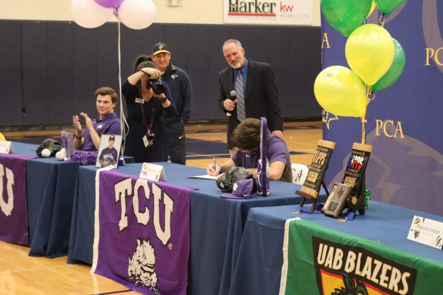 Senior Luke Savage also joined his teammate River Ridings in playing in purple for the next 4 years. Savage signed for TCU baseball. The whole school is so proud of all of these athletes and cannot wait to cheer them on in college athletics.