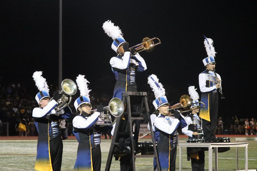 The marching band performs in front of the crowd at the football game.