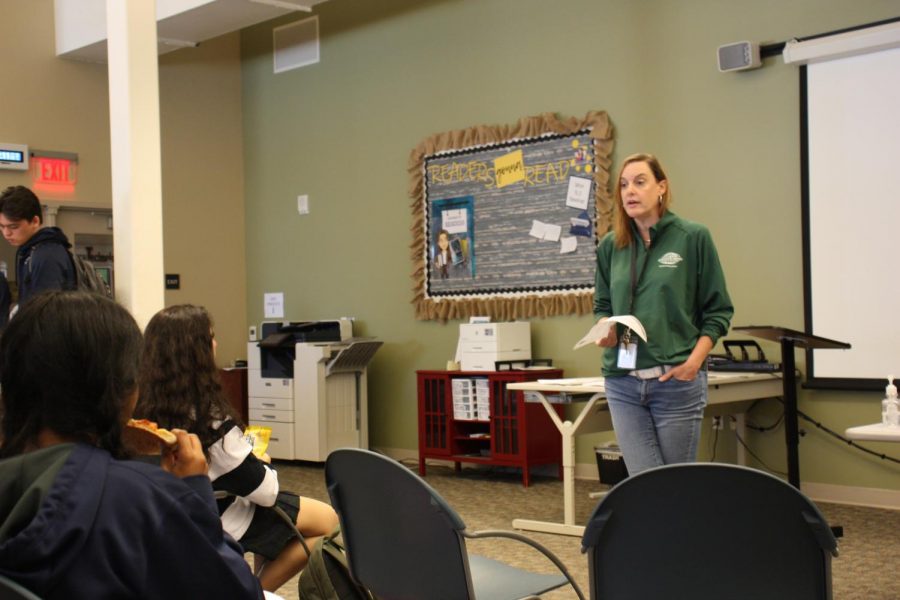 Mrs. Blaine is telling the STEM students about opportunities in STEM.